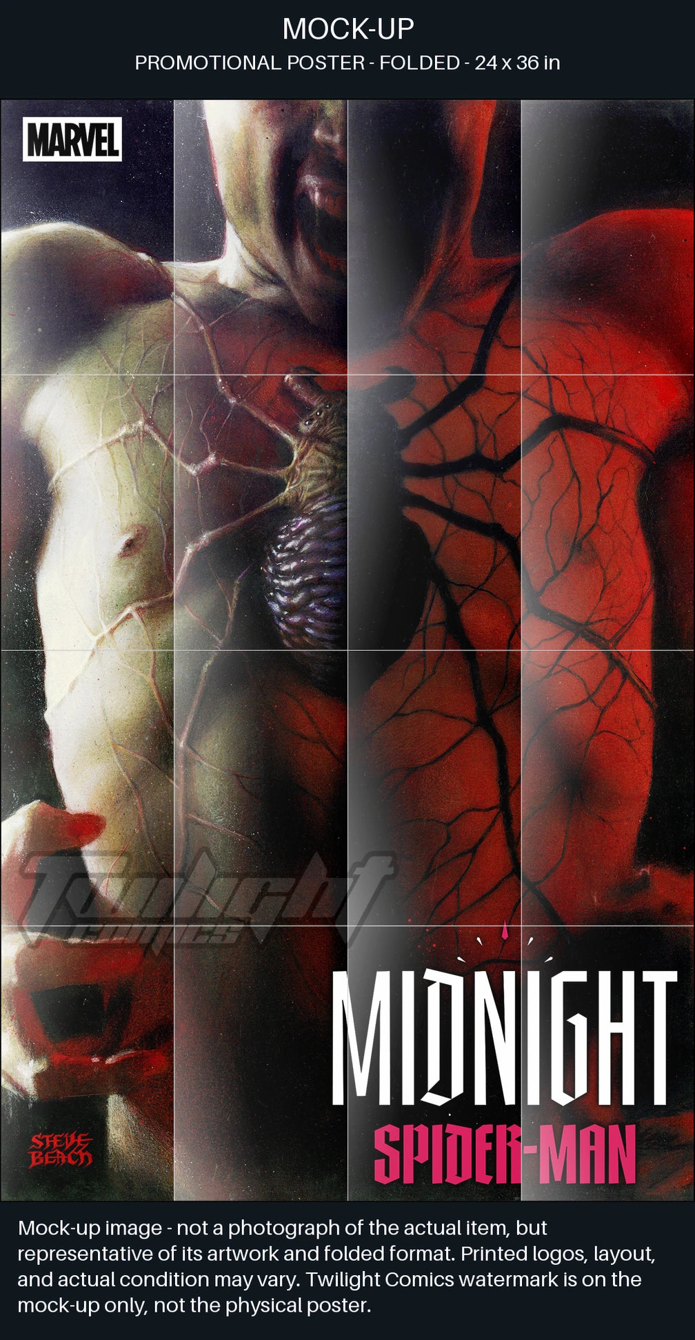 MOCK-UP: Midnight Spider Man folded promo poster; retail artwork layout may differ; actual item photographs follow. TaCOS SHA256:faebc268b348ca1b446750c531a7ffe6b56f147e0dbe7492bfd05503d4973cfa