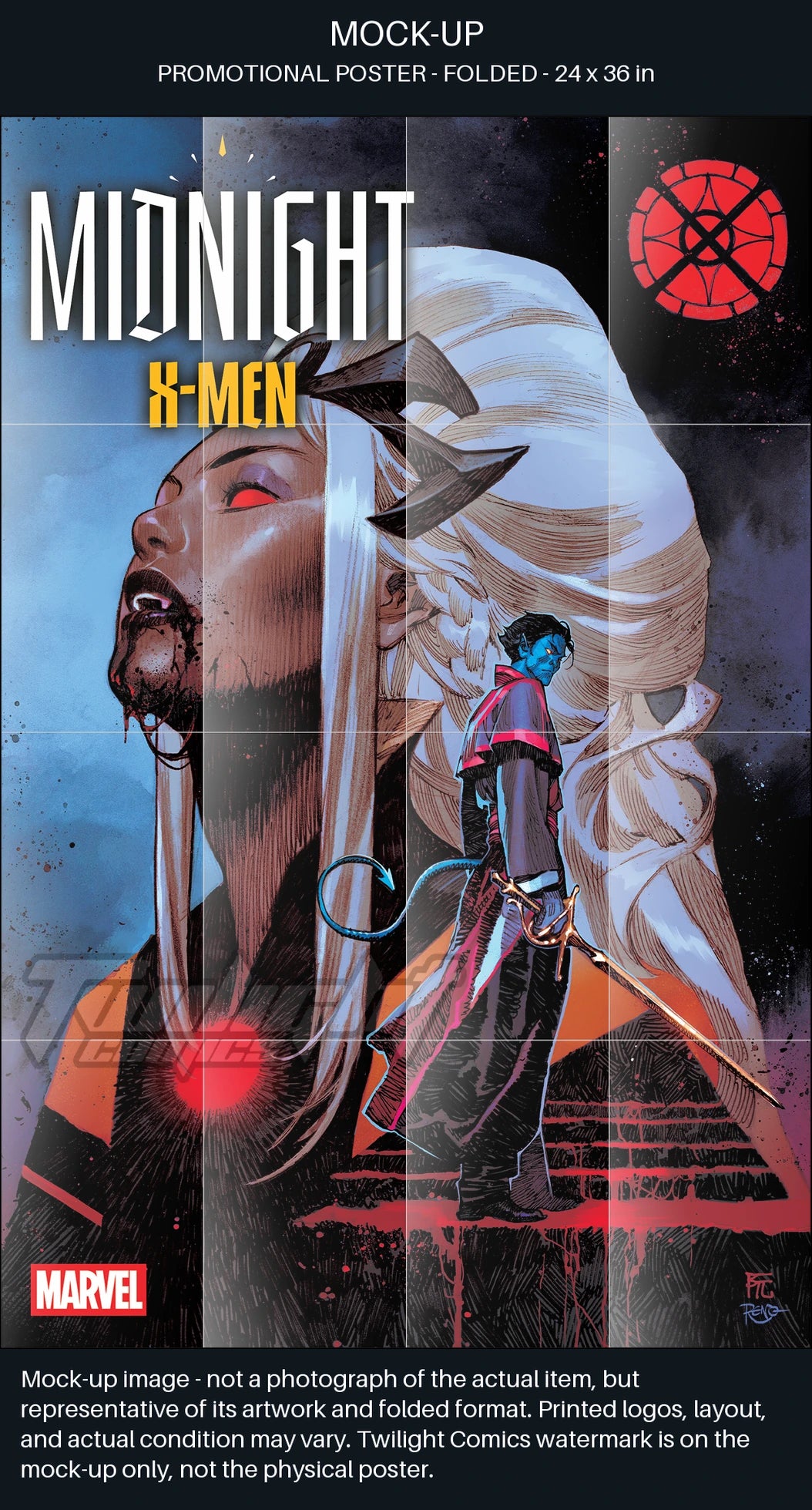MOCK-UP: Midnight X Men folded promo poster; retail artwork layout may differ; actual item photographs follow. TaCOS SHA256:595140a07fb1883cb932feef24377ef5573affe1266d1616bc9f2d393f56e269